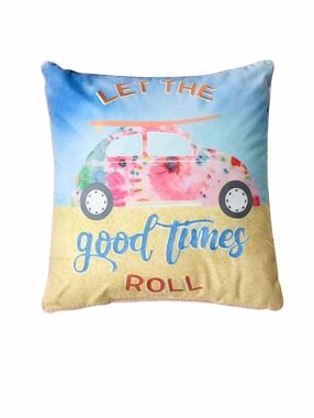 Beach Retro Surf Van “Let the Good Times Roll” Throw Pillow 20x20 Coastal Decor